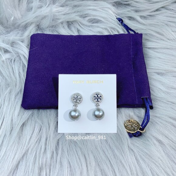 Tory Burch Miller Pavé Pearl Drop Earrings in Silver (Brand New) - Picture 4 of 5